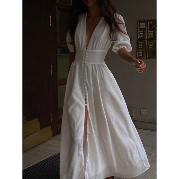Commense White Maxi Dress Small NWT Lined Puff Sleeve Button Front Elegant - Picture 5 of 11